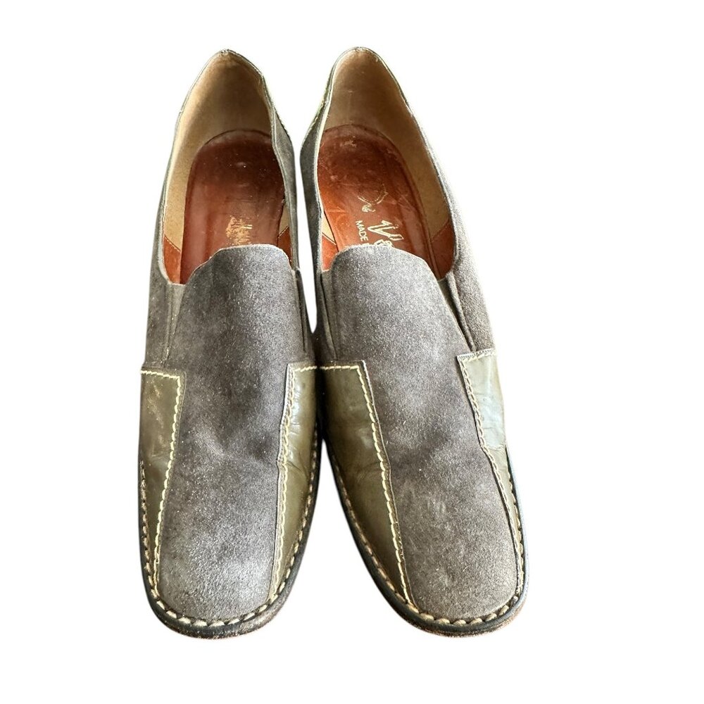 Vintage Dr. Vino Gray & Olive Leather Suede Heeled Loafers Made In Spain Size 8.
